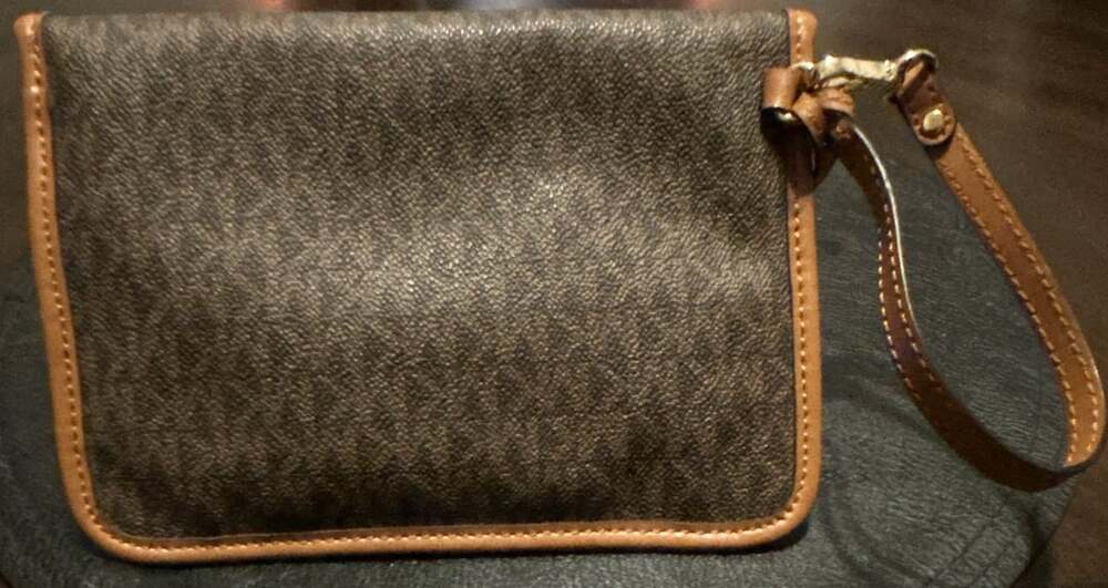 Michael Kors Brown MK Logo Pattern Light Trim Snap Closure Small Bag Storage